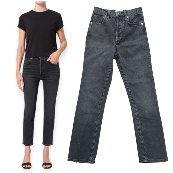 AGOLDE Jeans Womens 23 Faded Black Riley High Waist Straight Crop Button Fly GUC - Picture 1 of 10